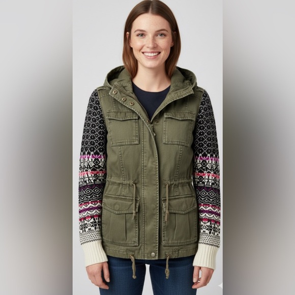 Aeropostale Jackets & Blazers - AEROPOSTALE Khaki Green Canvas Hood Jacket Fair Isle Knit Sleeves Pockets XS